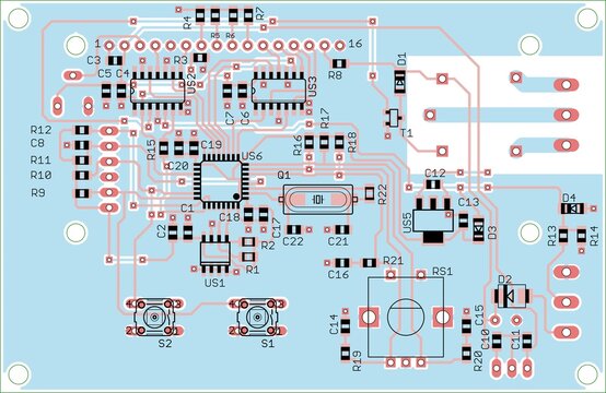Printed circuit board of electronic 
device with components of radio elements, 
conductors and contact pads placed on pcb. 
Engineering technical educational drawing.
Computer technic cad design.