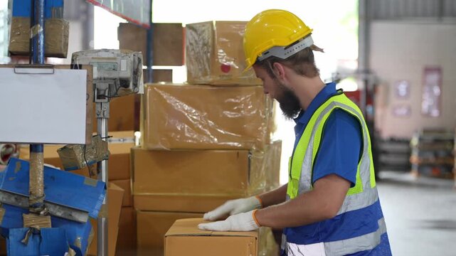 Worker sorts boxes in a warehouse during the day