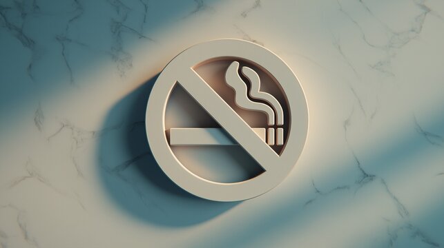 No smoking 3D symbol icon mounted on a white marble texture background with dramatic light and shadow