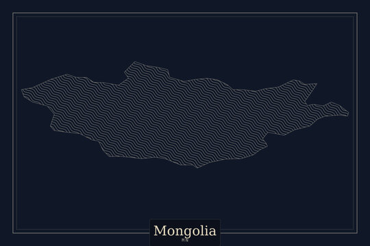 Mongolia map vector illustration, minimalist white outline of Mongolian border on dark navy background, elegant geographic silhouette for travel and education