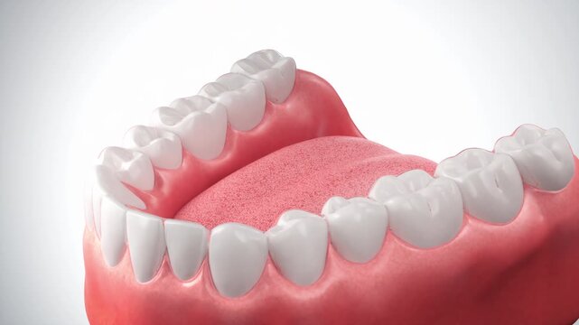 3D animation of a transparent clear aligner moving to fit perfectly onto a human teeth row. Medical visualization of invisible braces and modern orthodontic treatment.