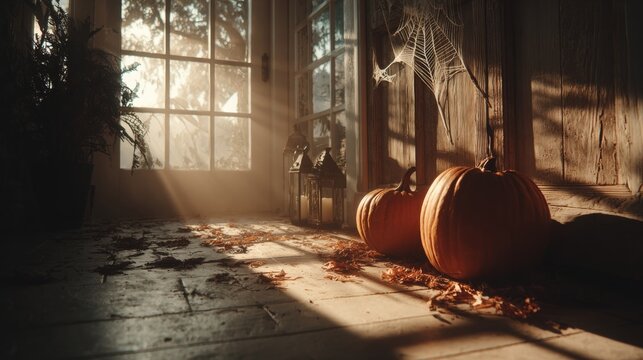 Hauntingly beautiful: halloween's spooky interior decorations. Unusual perspectives. Intricate details: spiders and webs enhance a halloween night scene. Experimental photography.
