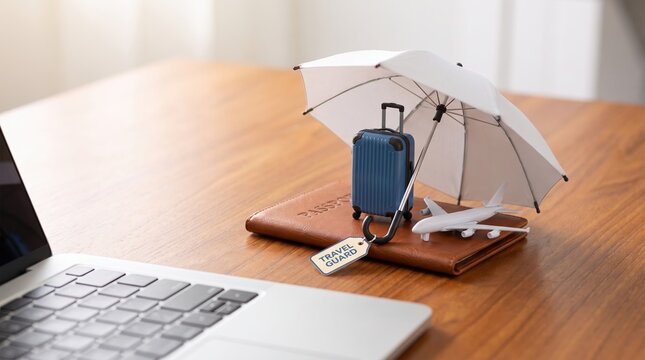 Travel insurance concept. Close-up of a hand protecting travel essentials with an umbrella beside a laptop, symbolizing trip coverage, Travel, insurance, protection, security, vacation