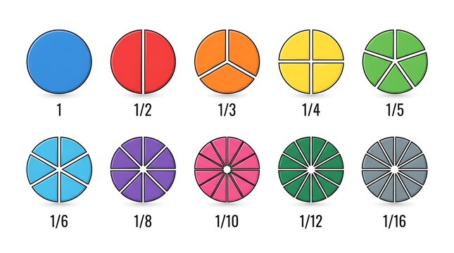 Colorful fraction circles for math education. Visual math chart showing parts of a whole.