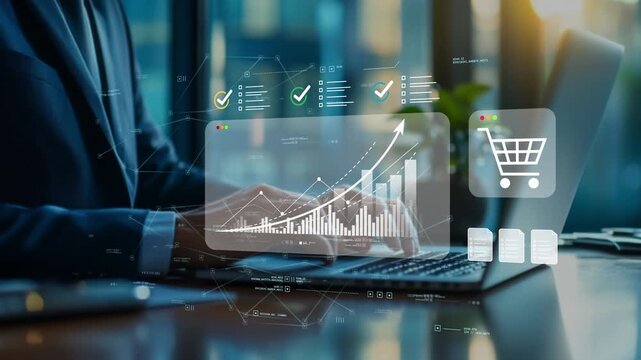 Businessman working on laptop in futuristic office evaluating online sales growth through digital commerce strategy, performance graph reporting and ecommerce analytics