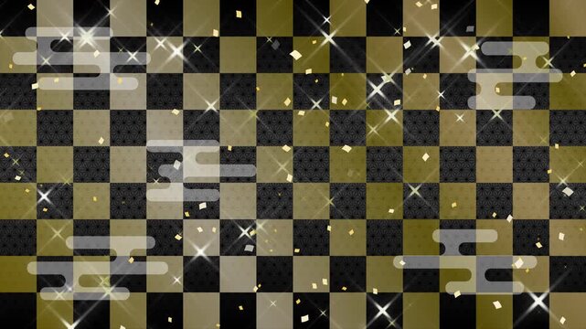 キラキラ星45 点滅 ブラー長 白 金 紙吹雪 金 下降 パターン01 市松模様 麻の葉 ループ （金黒 背景）02