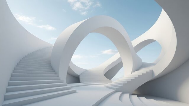 Abstract white architecture with flowing curved stairs ascending towards a clear blue sky, illustrating progress and opportunity