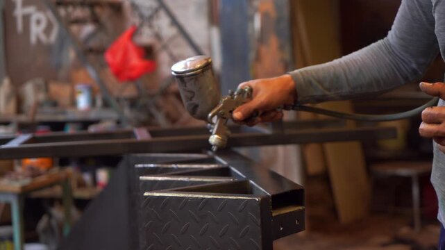 Spray Painting Iron Stairs in Workshop
 An industrial worker cleans and spray paints a steel iron stair structure inside a welding workshop, demonstrating metal fabrication, protective coating