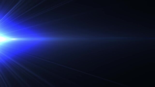 Abstract center glow leftt blue optical lens flares light shine animation on black background. 