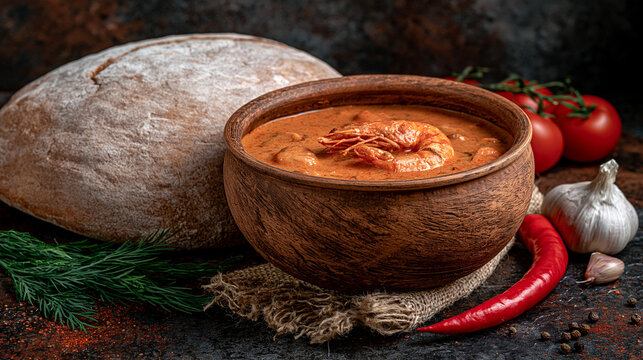 Shrimp bisque in a clay bowl with artisanal sourdough bread and spicy chili, vegetables