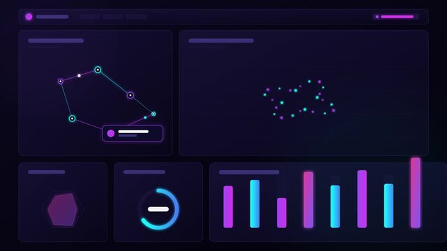 Futuristic data visualization dashboard with moving charts and graphs