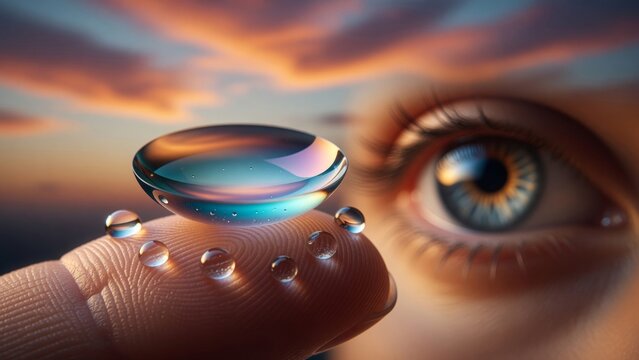 Contact lens on finger with water drops, reflecting vibrant sunset colors, eye in background, vision clarity
