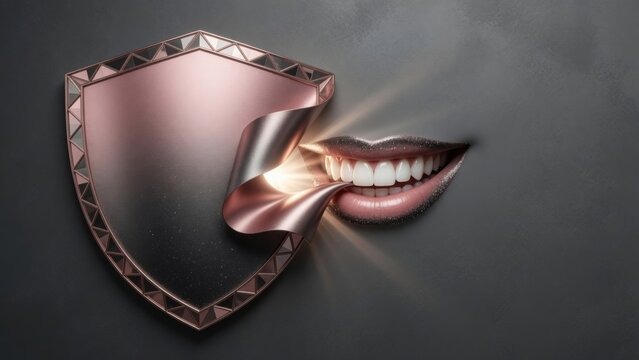 Shield revealing a healthy, bright smile and white teeth, representing dental protection and oral hygiene care