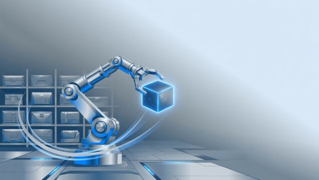 Robotic arm storing a digital cube in a modern data center with advanced automation and artificial intelligence