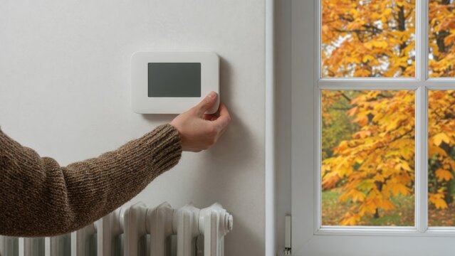 Hand adjusting digital thermostat, controlling home heating during autumn, saving energy, and maintaining comfort