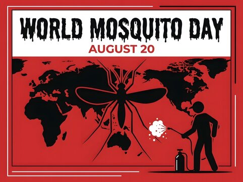 World mosquito day poster design featuring a silhouette of a person spraying insecticide over a global map on red background