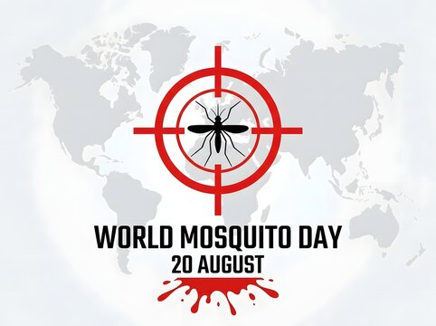 World mosquito day conceptual design featuring a red target crosshair over a black insect silhouette against a global map background