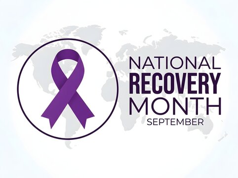 National recovery month awareness design featuring a purple ribbon symbol and september text over a subtle light world map background