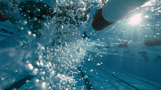 Dynamic Underwater Swimming: Intense Freestyle Competition with Fitness in Clear Blue Pool