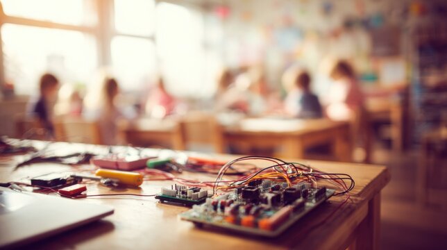 Children experimenting with miniature circuits and sensors at a lively makerspace on a sunny afternoon isolated in clear focus amid an outoffocus colorful classroom backdrop.