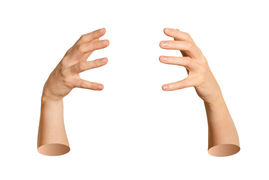 Pair of human hands spread wide to hold giant unseen globe or heavy product. Caucasian arms curved