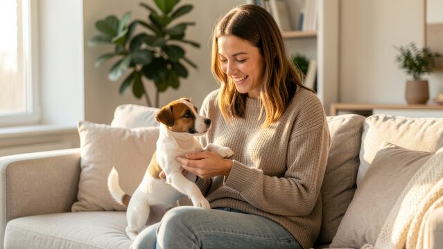 heartwarming portrait of young woman smiling with jrt puppy on light sofa in bright modern living room golden hour natural light editorial use