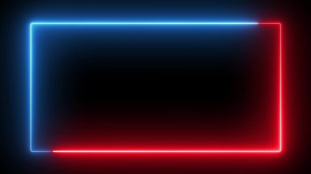 A rectangular frame made of two moving neon lights. A popular abstract background overlay seamless vaporwave animation. Rectangle frame neon color motion graphic
