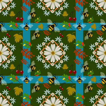 Seamless pattern with bumblebees, white daisies, autumn leaves, and red berries on a dark green and blue plaid background.