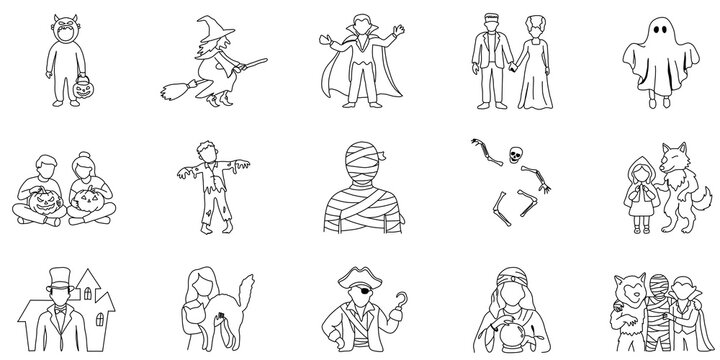 Halloween coloring book vector icons set outline doodle style isolated on transparent or white background, png
