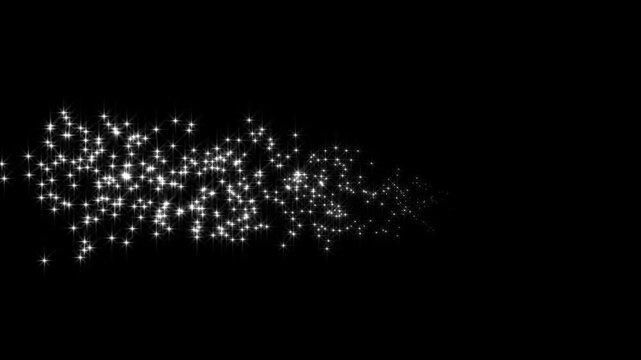 White glowing twinkle stars animation with sparkling glitter dust trail, blinking retro vector star  fairy dust wand glitter stars trail black transition on alpha channel loop 4k video.