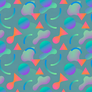 Bright neon gradient seamless pattern with geometric and fluid shapes