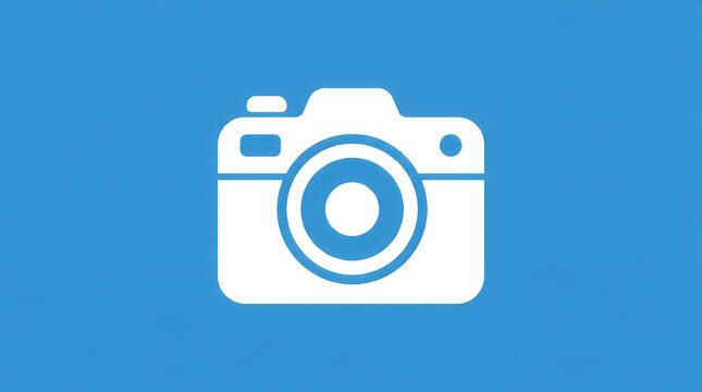 White camera icon on blue background