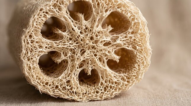 Detailed macro close-up of a natural loofah sponge showing its intricate porous cellulose fiber structure and cross section