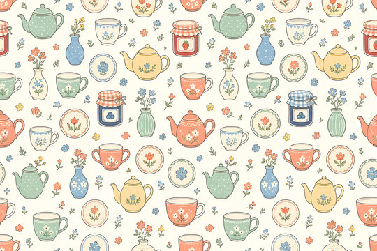Sweet hand drawn tea time seamless pattern with teapots and flowers
