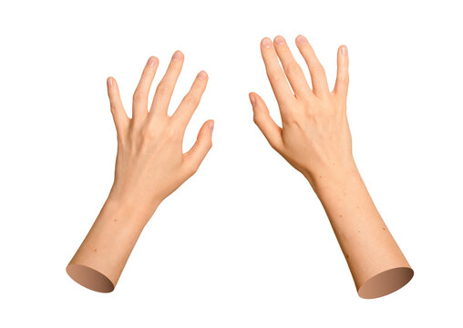 Top down perspective of two caucasian hands typing on empty space. Natural skin limbs setup for