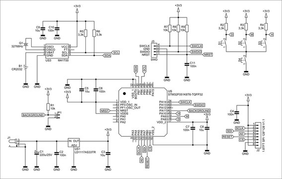 Schematic diagram of digital electronic device 
on paper sheet. Drawing electrical circuit with 
integrated circuit, controller, button, connector,
voltage stabilizer, capacitor, resistor, other.