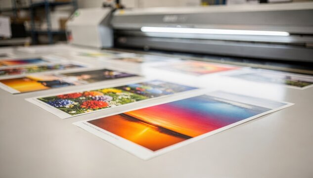 Medium shot of a printproof station in bright mode showcasing vibrant printed sheets under a light booth with the main print sharply focused and background softly blurred.