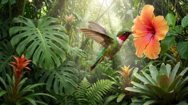 Hummingbird feeding on a hibiscus flower in the jungle
