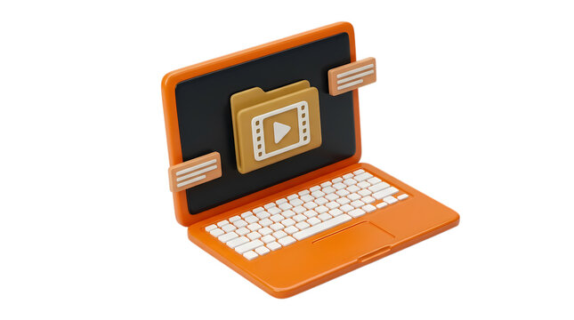 3d laptop with video folder icon and text bubbles isolated on transparent background design