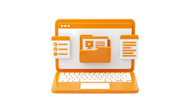 3d laptop computer with document folder icons displaying task list presentation isolated on transparent background
