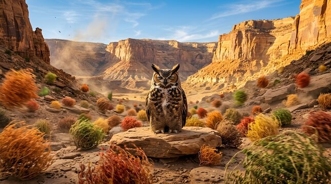 Great Horned Owl in a Desert Canyon Storm