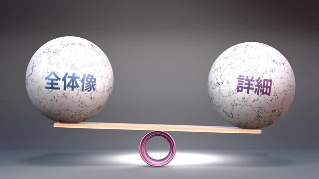 全体像と詳細 - 天秤の上でつり合う全体像と詳細。森も木も見る視点、調和とバランスを示す石のメタファー。