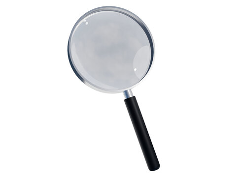 clean, isolated magnifying glass with a black handle and chrome rim, angled against a white background. Features a realistic, reflective glass lens for concepts of search, investigation, and analysis