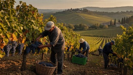 Obraz premium Harvesting grapes in sunlit vineyard showcases labor and tradition, serene landscape unfolds