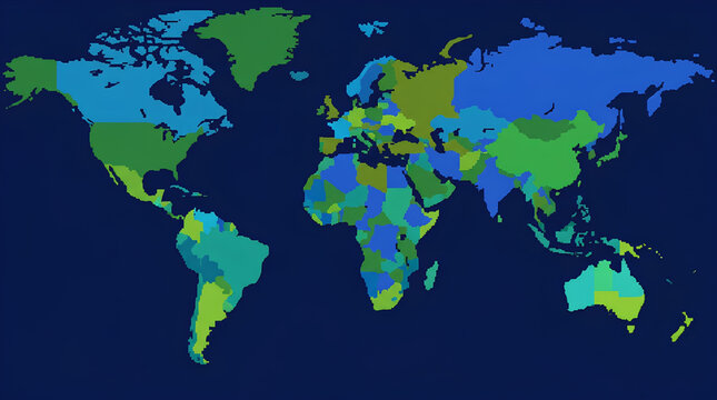 Colorful flat world map on dark background.