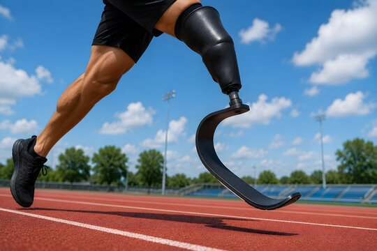 Runner with a carbon fiber prosthetic blade sprinting on an outdoor track