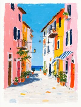 Charming coastal alleyway features pastel buildings, blooming plants, and inviting ocean views.