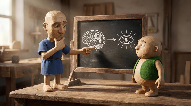 Clay figures explaining vision and brain function on blackboard.