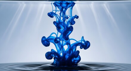 Obraz premium Blue ink drops swirling underwater with light rays creating a beautiful abstract pattern in clear water