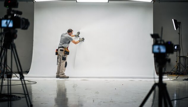 Medium shot of a technician adjusting a seamless white cyc backdrop with foreground equipment softly blurred preparing an ideal projection surface for multimedia displays.
